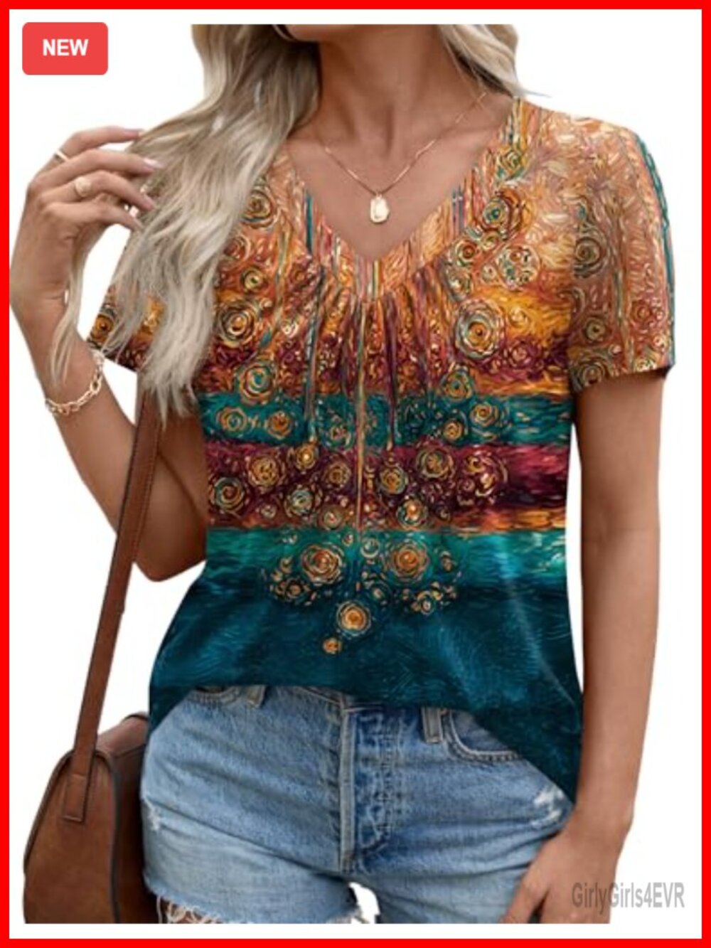 Women's Short Sleeve Pleated V Neck Loose Fit Tunic T-Shirt Casual Top